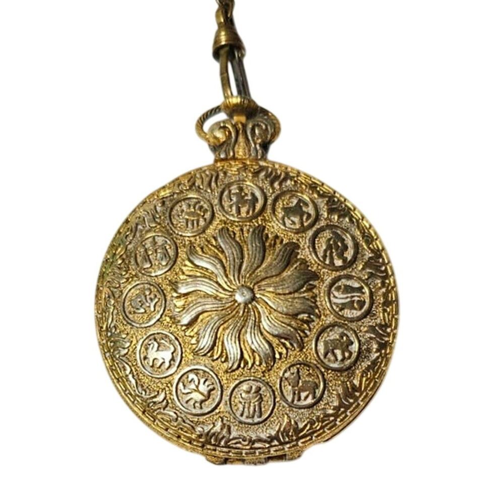 Vintage Max Factor Zodiac Railroad Watch Style Powder Compact Necklace